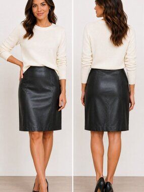 Ann Taylor Loft Black Genuine Leather Skirt sz 8 Knee Length Lined Career Chic